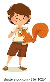 Little boy feeds the squirrel on his hands.