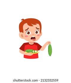 little boy feel not happy when eat bitter gourd