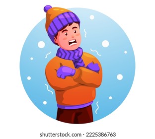 little boy feeling cold and wearing a jacket in winter