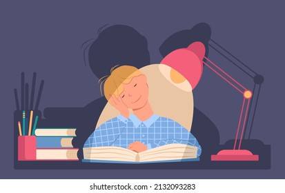 Little boy fell asleep in the evening at the table over a book. Schoolboy is tired. Lamp is standing nearby on the table. Shadow in the background. Vector illustration in flat style