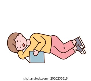 Little little boy fell asleep while reading a book. outline simple vector illustration.