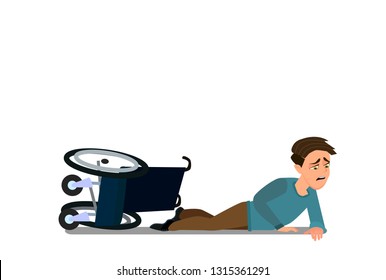 Little boy fell off wheelchair sitting on the floor. Vector illustration in cartoon style.