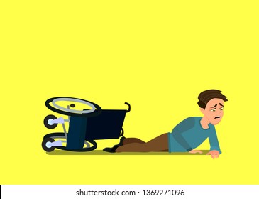 Little boy fell off wheelchair sitting on the floor. Vector illustration in cartoon style.