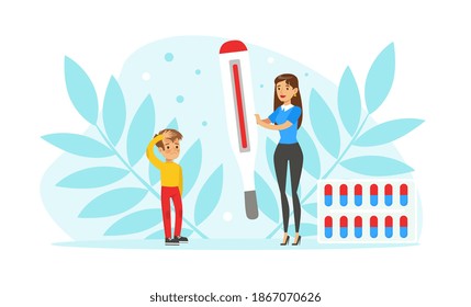 Little Boy with Fever and Woman Holding Thermometer with Floral Leaf Backdrop Vector Illustration