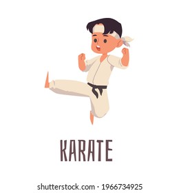 Little boy fighter in kimono cartoon character practicing karate, flat vector illustration isolated on white background. Children sports and fitness activity.