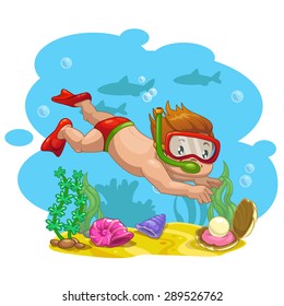 Little boy finds a shell with a pearl at the bottom of the sea, vector cartoon illustration