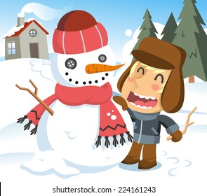 Little boy finishing his brand new snowman. Vector illustration cartoon. 