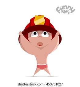 Little boy in a fireman helmet. Flat illustration. Vector