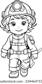 Little boy fireman holding an ax illustration vector outline, Coloring book for kids.