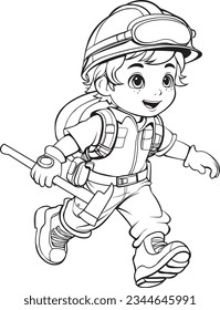 Little Boy Fireman illustration vector outline, Coloring book for kids.