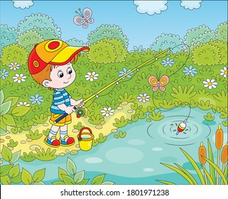 Pequeño pescador con una barra de pesca capturando peces en un pequeño estanque en un soleado día de verano, ilustración vectorial de caricatura