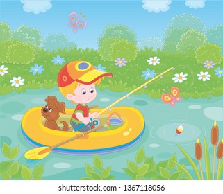 Little boy fisherman with a fishing-rod and a small pup in his inflatable boat catching fish in a pond on a sunny summer day, vector illustration in a cartoon style