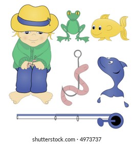 Little boy fisherman,pole,frog,fish and worm on a hook.Vector illustration.