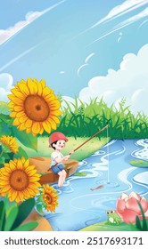 Little boy fishing by the river in spring