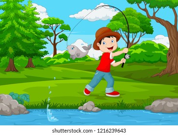 Little boy fishing on the lake