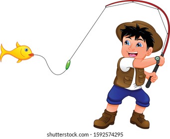 Little boy fishing on a white background