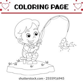 little boy is fishing river coloring page for kids