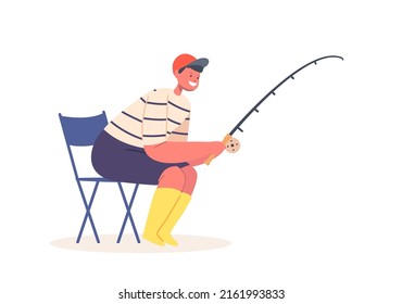 Little Boy Fishing with Rod Sitting on Chair Isolated on White Background. Child Fisherman Fun on Pond, Kids Summer Hobby, Leisure on Nature. Character Recreation. Cartoon People Vector Illustration