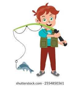 Little boy with fishing rod and fishing vest. Boy fishing. vector illustration.