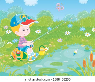 Little boy with a fishing-rod catching fish in a small pond on a summer day, vector illustration in a cartoon style