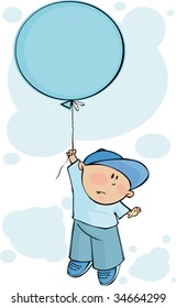 Little boy flies on a blue balloon
