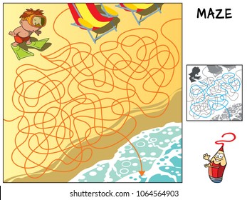 A little boy in flippers and mask trying to reach the sea. Educational maze game for children. Cartoon vector illustration