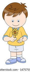 Little Boy with Flower - Vector Cartoon Illustration