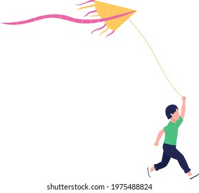 Little boy with flying kite flat color vector faceless character. Stress-reducing hobby. Making kite fly higher. Fun outdoor activity isolated cartoon illustration for web graphic design and animation