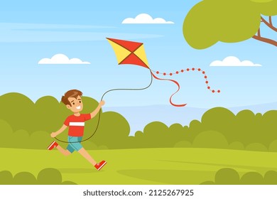 Little Boy Flying Kite Holding It by String Playing Outdoor Vektorgrafik