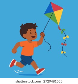 Little boy flying kite on solid background