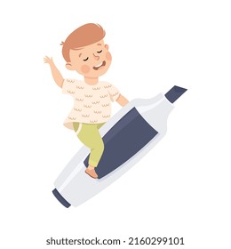 Little Boy Flying on Blue Highlighter Ready to Study Vector Illustration