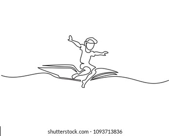 Little boy flying on book in the sky. Vector illustration. Continuous line drawing. Concept for logo, card, banner, poster, flyer