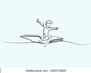 Little boy flying on book in the sky. Vector illustration. Continuous line drawing. Concept for logo, card, banner, poster, flyer