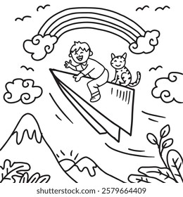 Little boy flying on paper plane with cat and rainbow. Vector illustration. Black and white.