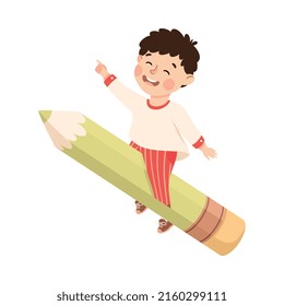 Little Boy Flying on Pencil Ready to Study Vector Illustration