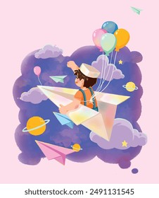 Little boy flying a paper airplane in the clouds and universe