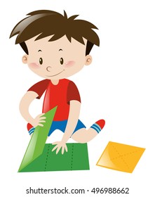 Little Boy Folding Green Paper Illustration