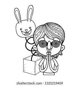little boy with fools day surprise box and rabbit head