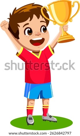 Little boy football player holding champion cup in raised hand football player wearing red t-shirt and blue shorts full length boy figure isolated on white Vector