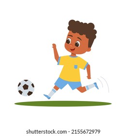 Little boy football player running with soccer ball. Children's football and sports, active leisure concept. Vector cartoon illustration