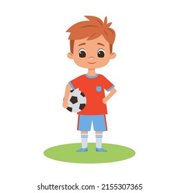 Little boy football player in uniform and sneakers standing on green field with soccer ball. Children's football, sports, active leisure concept. Vector cartoon illustration
