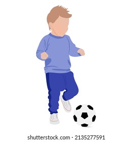 Little boy footballer running, playing with ball. European football. Kids art. Vector. Kids ctivity