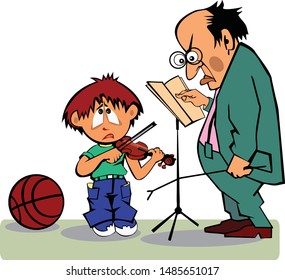 
a little boy is forced to learn to play the violin, and he wants to play with the ball. a strict teacher stands behind and holds a stick in his hands to punish disobedience. Fictional characters 