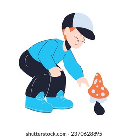 Little Boy Found Amanita Mushroom and Pick It Vector Illustration
