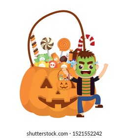 little boy with frankenstein costume and pumpkin candies vector illustration design