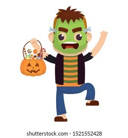 little boy with frankenstein and pumpkin costume character vector illustration design
