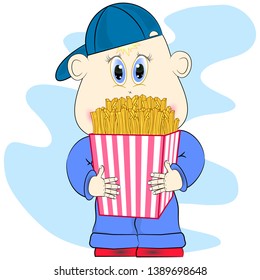little boy with french fries. funny cartoon boy with fries. fast food vector illustration. potato vector illustration.