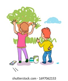 Little boy friends drawing blue cloud, green tree and grass on wall with finger paint. School or kindergarten education process. Creative hobby. Talented cheerful children. Vector illustration