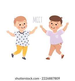 Little Boy Friends Meeting Together Demonstrating Vocabulary and Verb Studying Vector Illustration