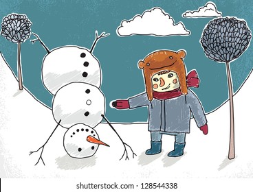Little boy and funny upside down snowman vector illustration. Eps 10